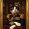 cat, portrait, military_uniform, gold_epaulettes, medals, monocle, crown, library, bookshelf, old_books, ornate_frame, red_velvet_cushion, black_and_white_cat, formal, regal, feline, historical_style, indoor, decorative, artistic