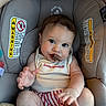 baby, child, car_seat, food, messy, cute, infant, clothing, striped_shorts, white_tank_top, red_embroidery, warning_labels, seat_padding, hands, legs, skin, face, eyes, mouth, hair