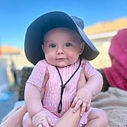 Inaya participe au concours pour gagner de l'argent avec cette photo : baby, child, infant, pink_outfit, sunhat, hands, outdoor, blue_sky, portrait, cute, smile, chubby_cheeks, sitting, soft_light, daylight, human, skin, person, closeup, photography