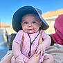 baby, child, infant, pink_outfit, sunhat, hands, outdoor, blue_sky, portrait, cute, smile, chubby_cheeks, sitting, soft_light, daylight, human, skin, person, closeup, photography