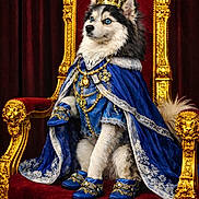 Aslan is registered to the contest to win money with this photo: dog, husky, crown, royalty, throne, blue_cloak, golden_throne, royal_clothing, shoes, portrait, regal, luxury, decorative, red_velvet, indoor, animal, costume, fancy, sitting, majestic