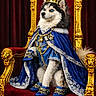 dog, husky, crown, royalty, throne, blue_cloak, golden_throne, royal_clothing, shoes, portrait, regal, luxury, decorative, red_velvet, indoor, animal, costume, fancy, sitting, majestic