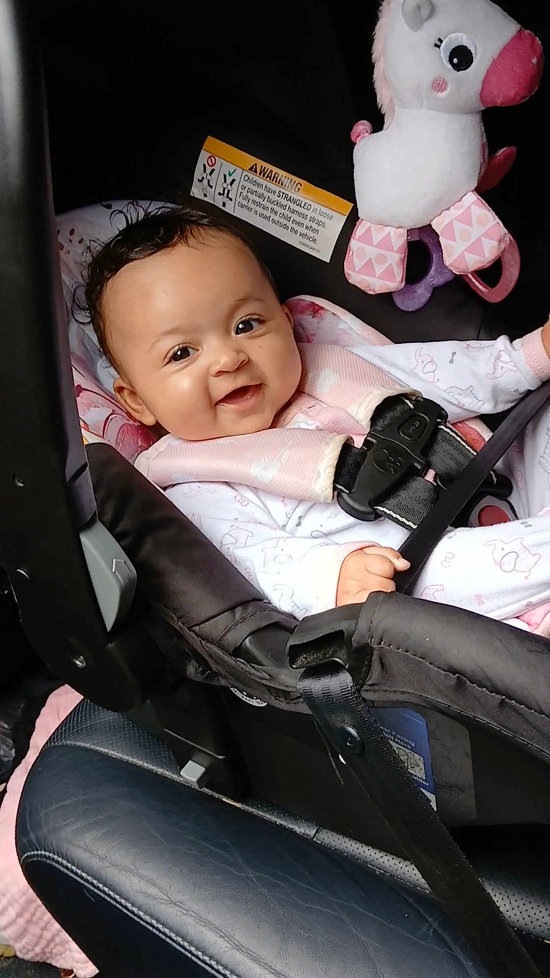 Maura joined the competition — help win amazing prizes! baby, car_seat, child, smiling, harness, plush_toy, seat_belt, infant, cute, car_interior, child_safety, pink, clothing, toy, happy, portrait, seat, person, young_child, baby_clothes