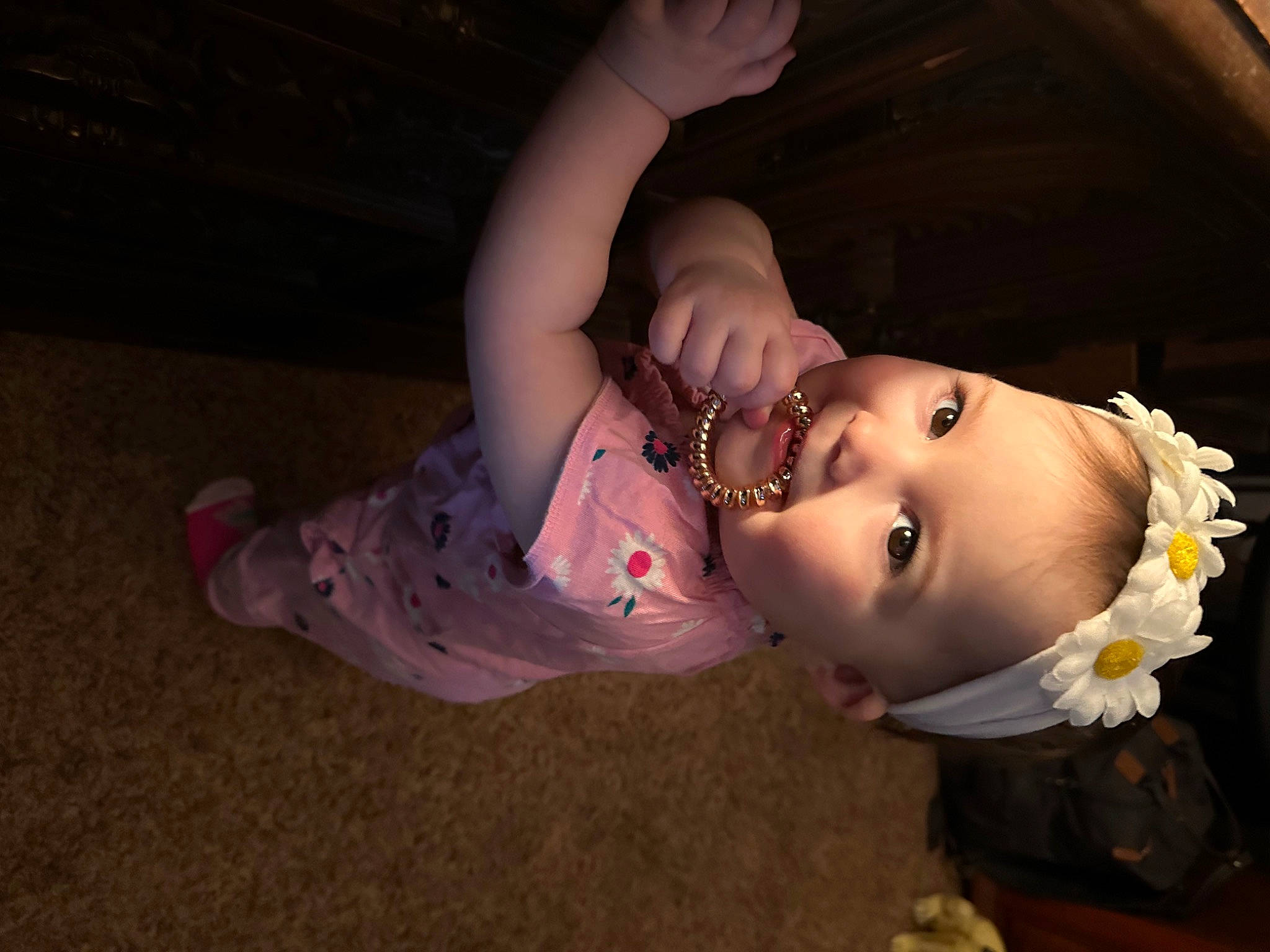 Paisleigh is registered to the contest to win money with this photo: baby, baby_toddler_clothing, black_hair, cheek, child, darkness, event, eyelash, fashion_accessory, flash_photography, flower, fun, happy, iris, lip, mouth, nose, person, portrait_photography, skin