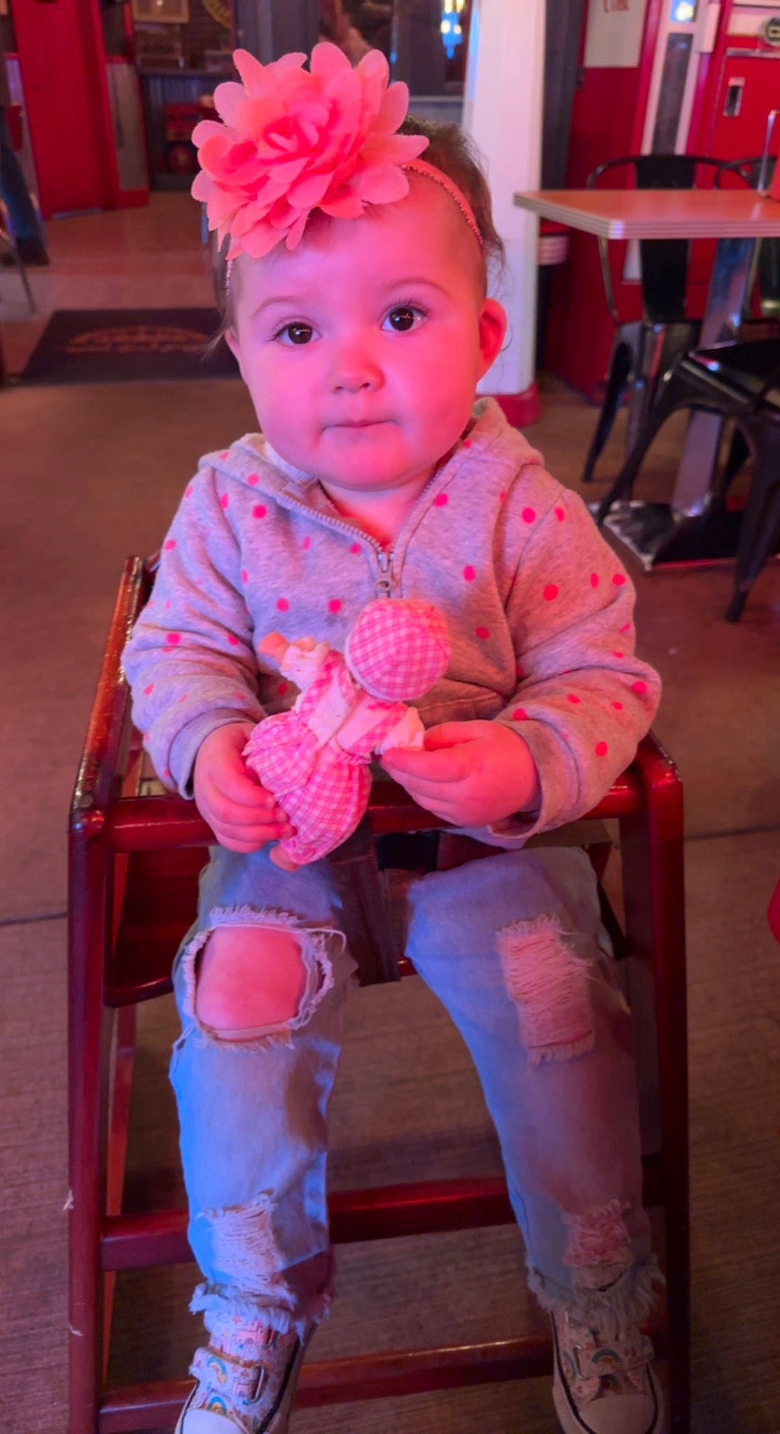 Paisleigh joined the competition — help win amazing prizes! baby, baby_toddler_clothing, chair, cheek, child, flooring, fun, furniture, headband, knee, lip, magenta, person, pink, red, room, sitting, skin, sleeve, thigh
