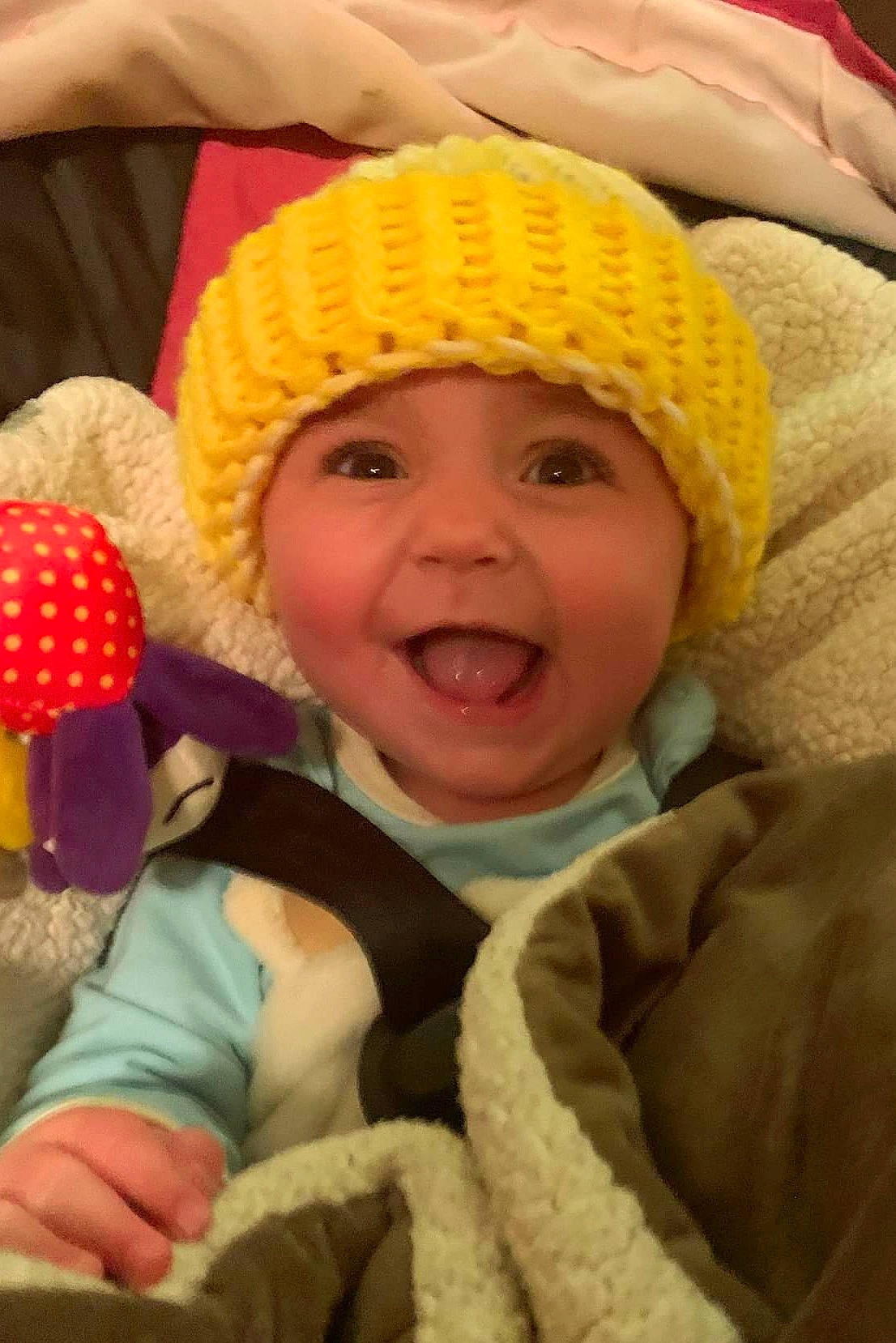 Kennadee joined the competition — help win amazing prizes! baby, baby_products, baby_sleeping, cap, cheek, child, comfort, face, fun, happy, headwear, knit_cap, linens, mouth, nose, person, skin, smile, textile, toddler