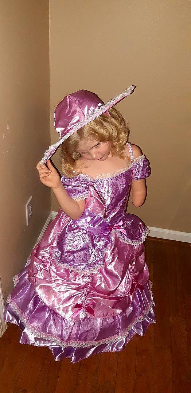 Aspen joined the competition — help win amazing prizes! baby_toddler_clothing, bridal_accessory, day_dress, dress, embellishment, fashion_design, gown, hair, hair_accessory, head, headpiece, long_hair, magenta, one_piece_garment, person, pink, purple, sleeve, toddler, violet