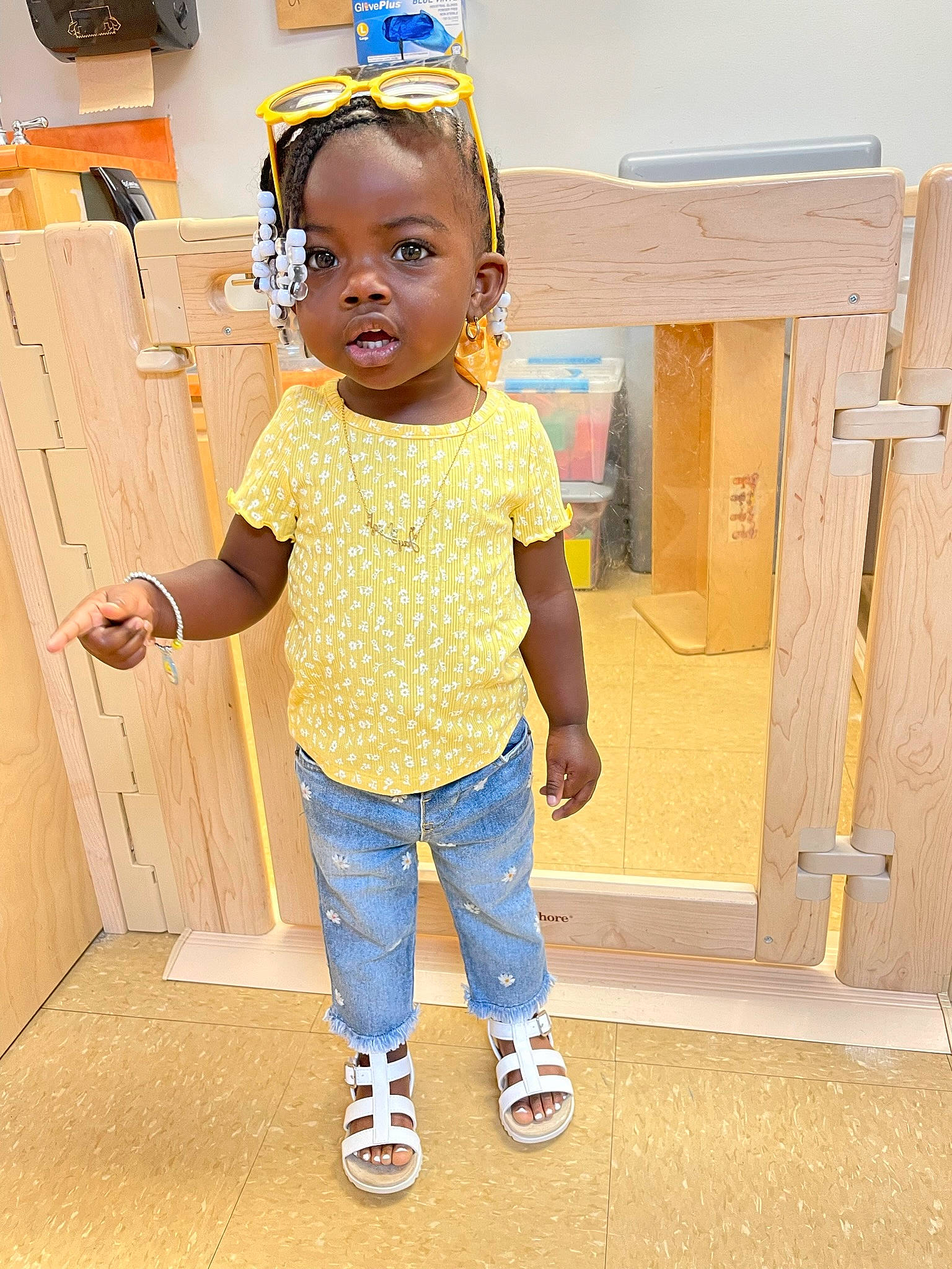 Jay'Leigh joined the competition — help win amazing prizes! baby_toddler_clothing, child, child_model, denim, electric_blue, flooring, fun, happy, headband, leisure, pattern, person, play, room, shoulder, sitting, sleeve, t_shirt, toddler, waist