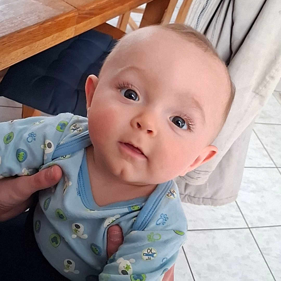 Eythan a rejoint le concours — aidez-le/la à gagner de superbes lots ! baby, blue_clothing, casual, chair, child, curious, cute, eyelashes, face, hand, holding, home, indoor, infant, long_sleeves, looking_at_camera, person, rosy_cheeks, tile_floor, wooden_table