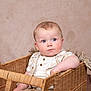 baby, child, basket, blue_eyes, curly_hair, cute, indoor, neutral_background, wooden_floor, seated, portrait, rosy_cheeks, clothing, patterned_shirt, wicker, person, infant, young_child, looking_away, soft_lighting