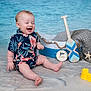Frankie joined the competition — help win amazing prizes! baby, infant, smiling, laughing, floral_outfit, beach, sand, toy, yellow, boat, paddle, net, starfish, decor, child, happy, sitting, cute, summer, portrait