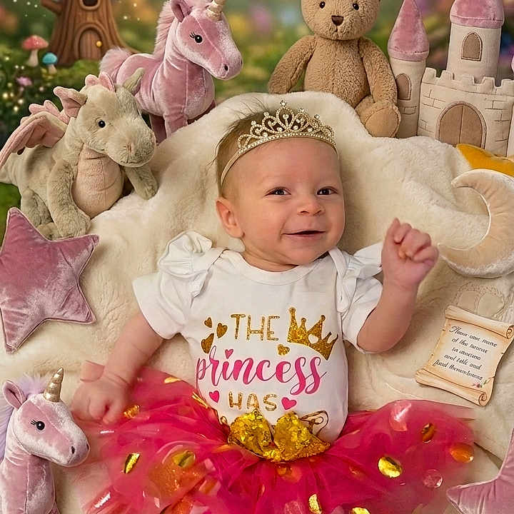 Jaceyn is registered to the contest to win money with this photo: baby, child, infant, princess, crown, tutu, pink, smiling, sitting, portrait, stuffed_animals, teddy_bear, unicorn, castle, fairy_tale, nursery, toys, blanket, glitter, fantasy