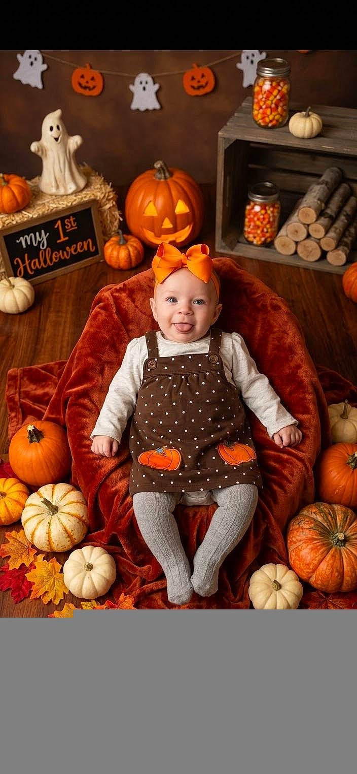 Jaceyn joined the competition — help win amazing prizes! autumn, baby, blanket, candy_jar, chair, child, costume, fall_leaves, festive, ghost_decorations, halloween, indoor, orange_bow, overalls, portrait, pumpkins, seasonal_decor, sitting, smiling, wooden_crate