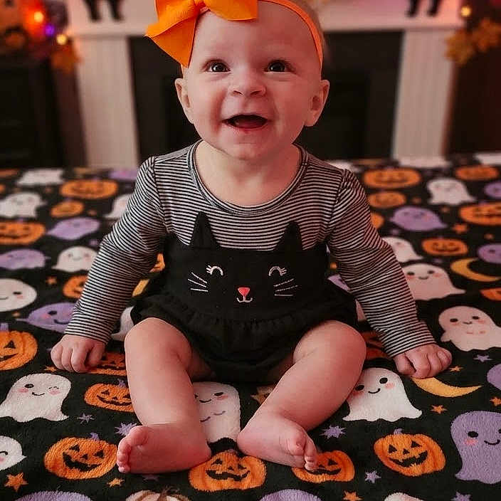 Jaceyn joined the competition — help win amazing prizes! baby, child, infant, smiling, sitting, halloween, pumpkins, jack_o_lantern, ghosts, frankenstein, costume, orange_bow, fireplace, festive_lights, indoor, portrait, blanket, spooky_decorations, happy, autumn