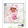 newborn, baby, sleeping, infant, portrait, pink, blanket, hood, swaddled, bed, indoor, close_up, face, peaceful, cute, text_overlay, watermark, photograph, soft_lighting, nursery