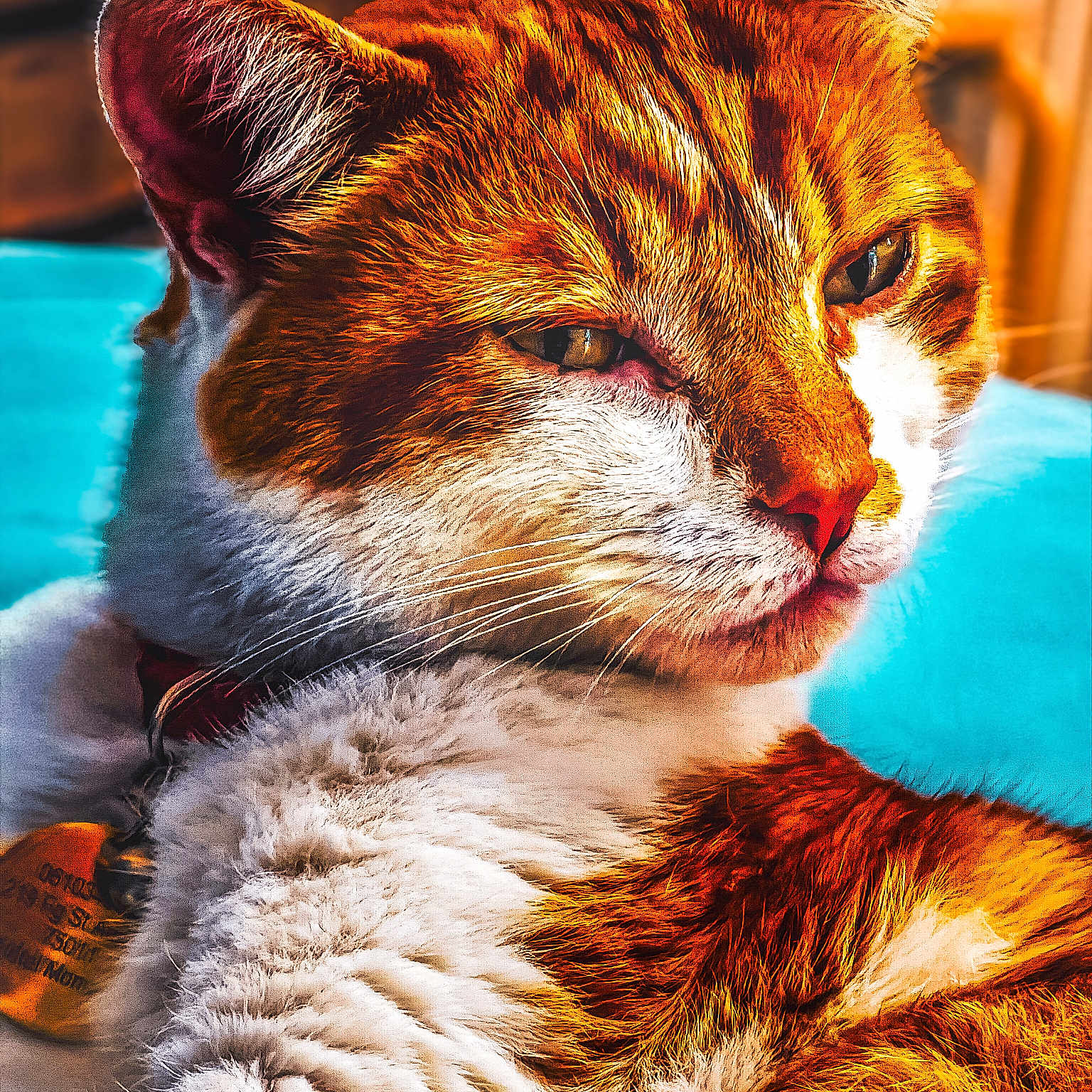 Rajel a rejoint le concours — aidez-le/la à gagner de superbes lots ! animal, cat, closeup, collar, cozy, ears, eyes, feline, fluffy, fur_texture, indoor, nose, orange_cat, pet, portrait, relaxed, resting, tag, whiskers, white_fur