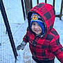 Mylin is registered to the contest to win money with this photo: beanie, black, blue, child, cold_weather, cute, face, fence, glove, hood, jacket, outdoor, person, playful, red, smile, snow, toddler, winter, winter_clothing
