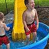 Dallas joined the competition — help win amazing prizes! backyard, blue_pool, boy, child, daytime, fence, fun, grass, happy, joy, outdoor, play, red_clothing, shirtless, slide, splash, summer, swim_shorts, swimming_pool, water