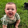 Isla joined the competition — help win amazing prizes! baby, grass, outdoor, crawling, smiling, puppy, dog, green, nature, child, happy, cute, playful, animal, infant, person, young_child, face, shirt, expression