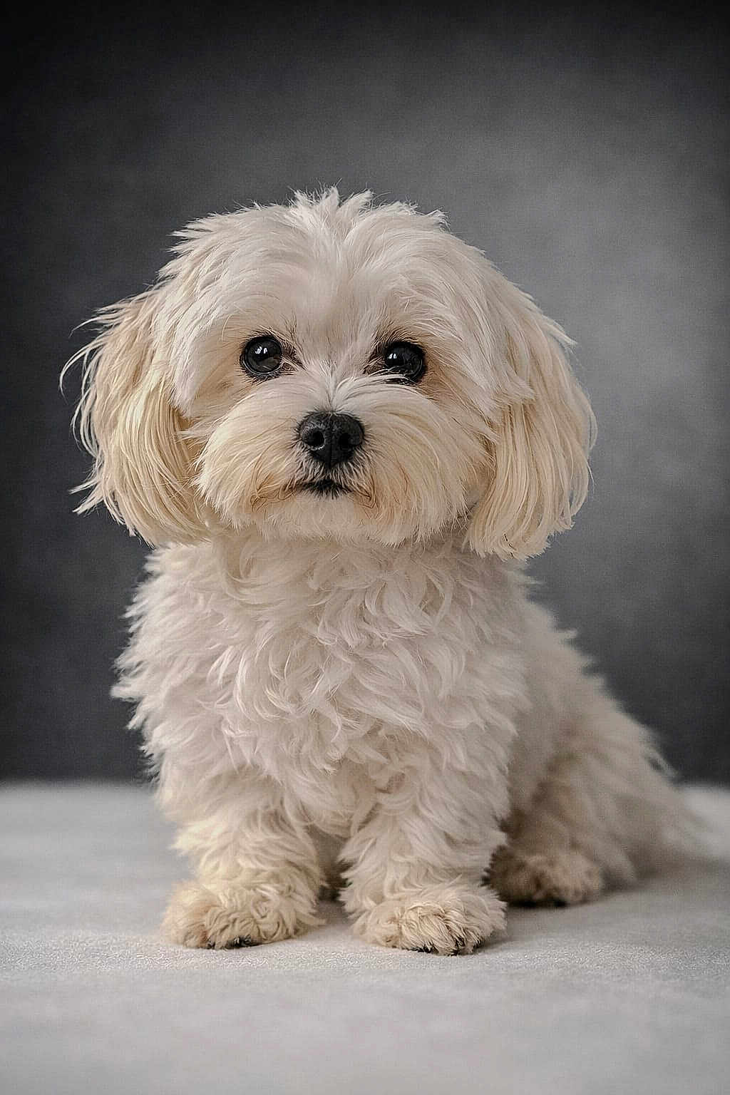 Peps a rejoint le concours — aidez-le/la à gagner de superbes lots ! dog, puppy, white_fur, fluffy, cute, pet, animal, portrait, studio, indoor, small_dog, sitting, fur, eyes, nose, adorable, mammal, companion, cute_pet, closeup