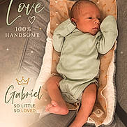 Gabriel joined the competition — help win amazing prizes! baby, newborn, infant, child, onesie, cushion, chair, face, feet, hands, sleepwear, cute, portrait, indoor, love, text_overlay, resting, cozy, soft_lighting, toddler