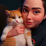 Ippo a rejoint le concours — aidez-le/la à gagner de superbes lots ! cat, person, orange_cat, white_cat, digital_art, animation, portrait, close_up, cute, holding, fur, face, eyes, hand, dark_background, sweater, pink, blue, eyebrows, nostalgia