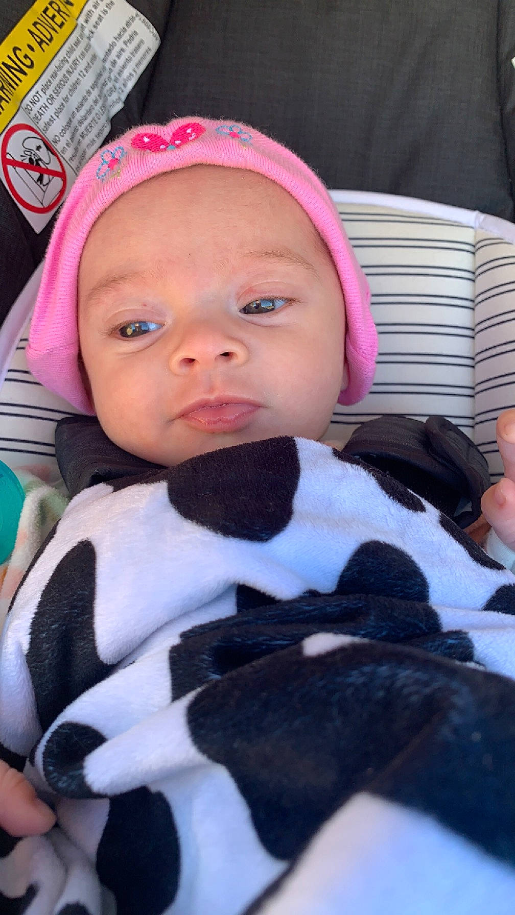 Macie is registered to the contest to win money with this photo: baby, baby_carriage, baby_products, baby_safety, baby_toddler_clothing, cap, cheek, child, comfort, fur, happy, headgear, headwear, linens, magenta, person, pink, skin, smile, textile