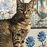 cat, tabby, animal, pet, feline, indoor, floral_background, decor, wall_art, blue_flowers, hooks, closeup, portrait, whiskers, ears, fur, sitting, household, domestic, furniture
