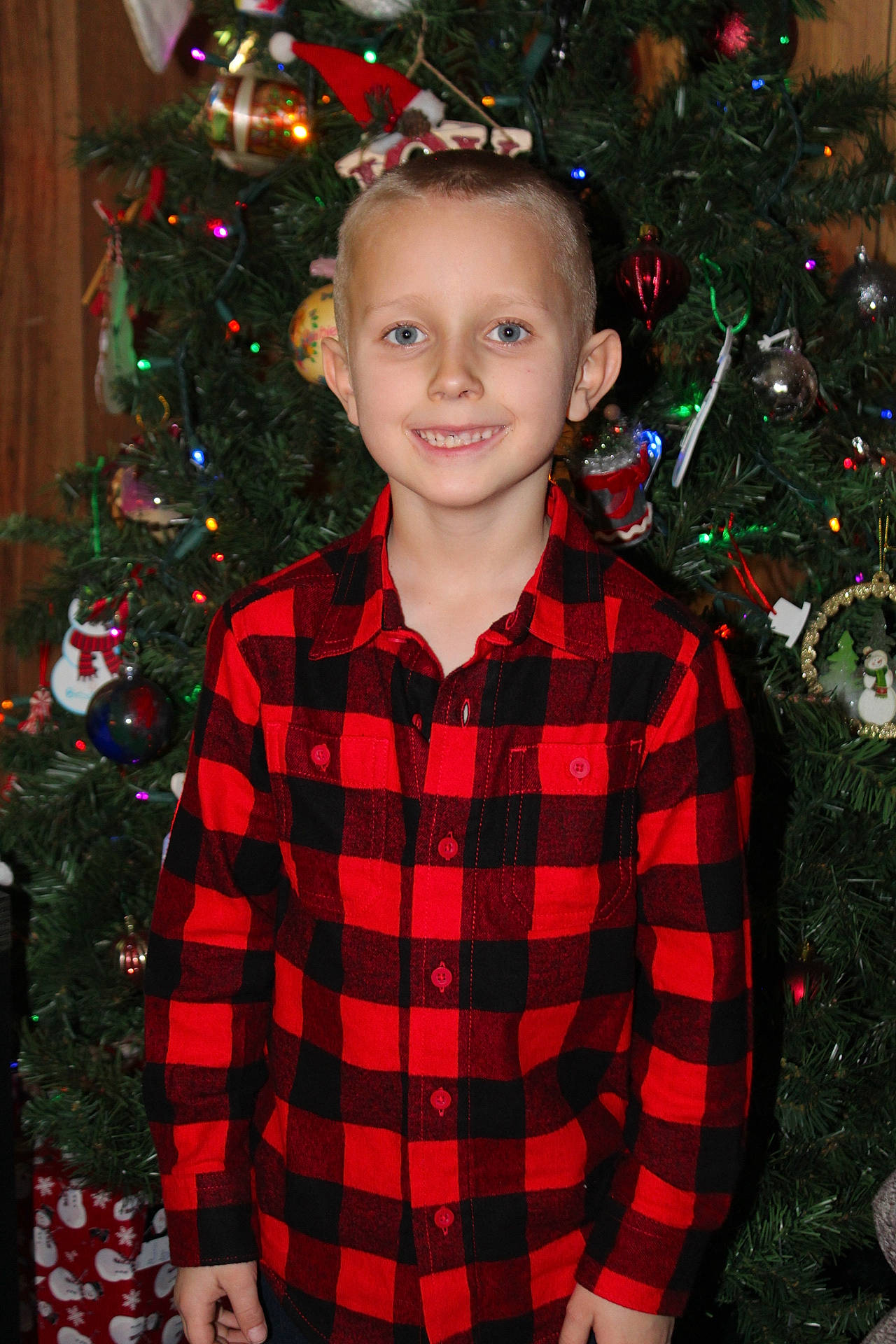 Jackson is registered to the contest to win money with this photo: black, christmas_decoration, christmas_ornament, christmas_tree, face, facial_expression, green, hair, happy, head, holiday_ornament, human_body, joy, leaf, light, organ, outerwear, person, sleeve, smile