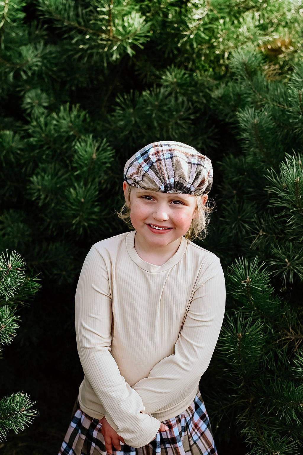 Gracelynn joined the competition — help win amazing prizes! cap, conifer, event, evergreen, face, fashion_accessory, fun, grass, happy, head, headgear, headpiece, headwear, joy, pattern, people_in_nature, person, plaid, plant, sleeve