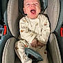 Hayden participe au concours pour gagner de l'argent avec cette photo : baby, child, car_seat, pajamas, infant, yawning, laughing, cute, seat_belt, fabric, soft_toys, comfort, indoor, clothing, face, hands, feet, person, transport, seat