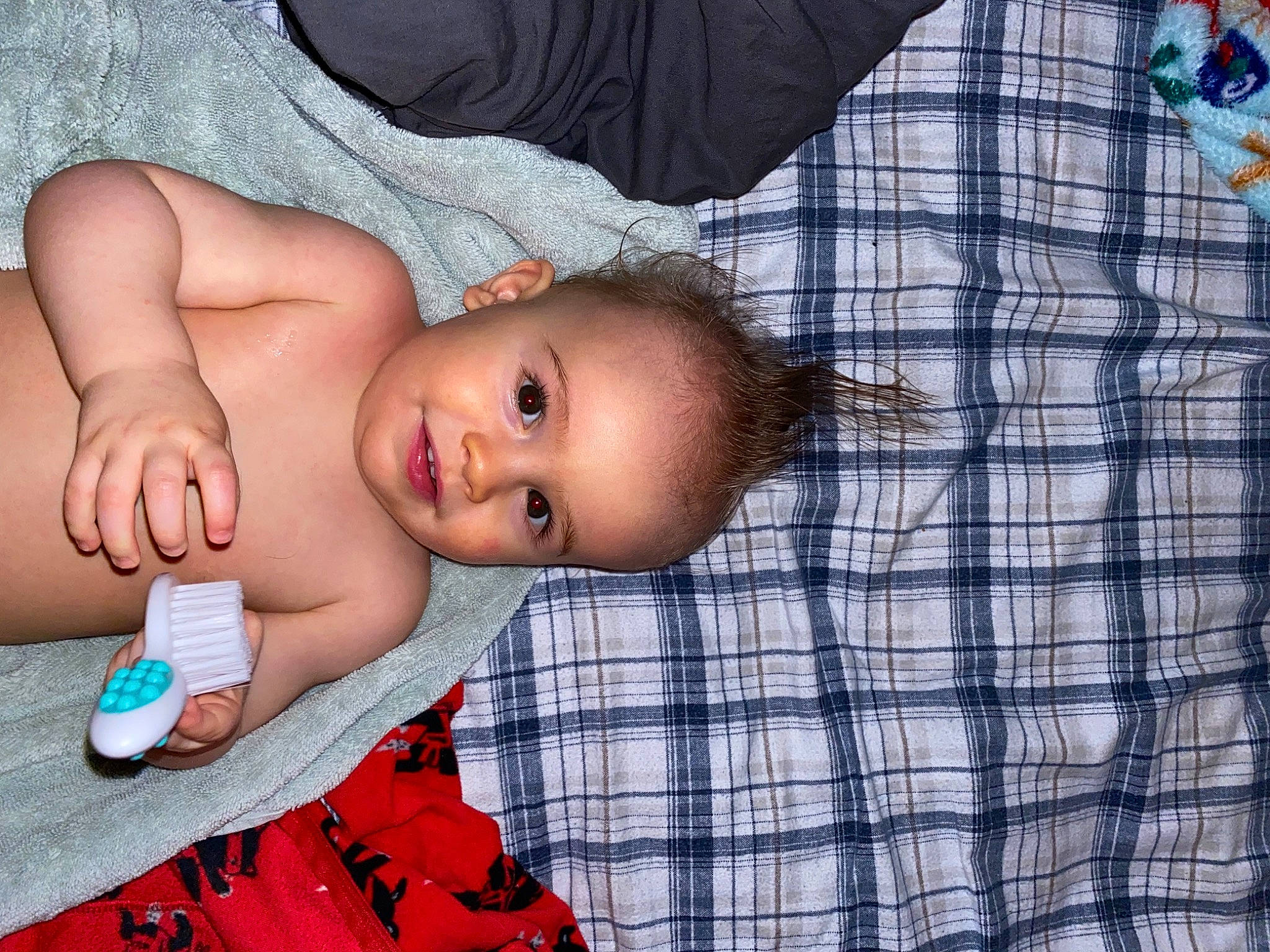 Odin is registered to the contest to win money with this photo: abdomen, baby, baby_products, baby_toddler_clothing, cheek, chest, child, eye, eyelash, face, happy, head, lip, mouth, nose, pattern, person, plaid, skin, tartan