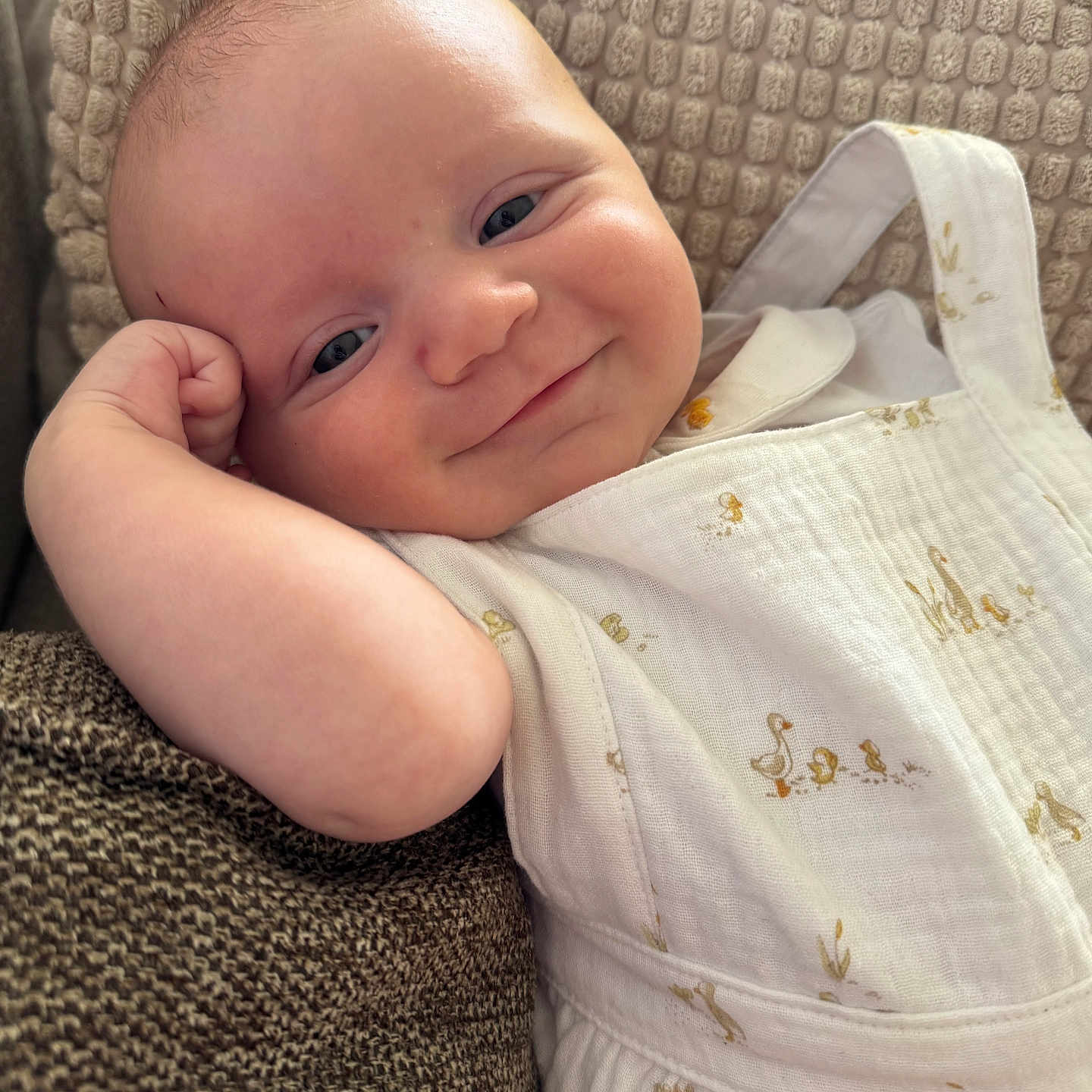 Léo a rejoint le concours — aidez-le/la à gagner de superbes lots ! arm, baby, child, close_up, clothing, cushion, cute, duck_prints, face, happy, head, indoors, infant, person, portrait, relaxed, skin, smile, texture, white_outfit