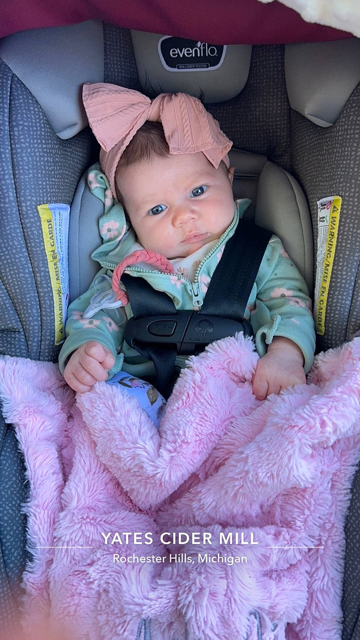 Adaline is registered to the contest to win money with this photo: auto_part, baby, baby_products, baby_toddler_clothing, car, car_seat, car_seat_cover, child, comfort, family_car, head_restraint, lap, luxury_vehicle, motor_vehicle, person, pink, purple, seat_belt, sitting, toddler