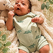 Raul Bernal Jr. joined the competition — help win amazing prizes! baby, infant, plush_toy, elephant, knitted_blanket, greenery, leaves, flowers, romper, dinosaur_print, cute, curious, lying_down, soft_texture, skin, child, adorable, indoor, portrait, newborn