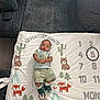 baby, infant, blanket, milestone_blanket, numbers, circled_number, fox, bear, trees, cactus, clothing, socks, green_outfit, couch, floor, wood_floor, person, indoor, smiling, baby_bib
