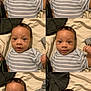 Ahmyus is registered to the contest to win money with this photo: baby, infant, child, portrait, striped_shirt, bed, blanket, sock, football, expression, curious, cute, indoors, laying_down, six_panel, collage, young_child, person, head, face