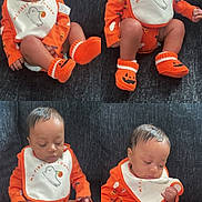 Ahmyus joined the competition — help win amazing prizes! baby, infant, halloween, orange_clothing, bib, socks, pumpkin, ghost, couch, indoor, child, cute, expression, multiple_poses, knitted_socks, holiday, festive, seated, person, portrait