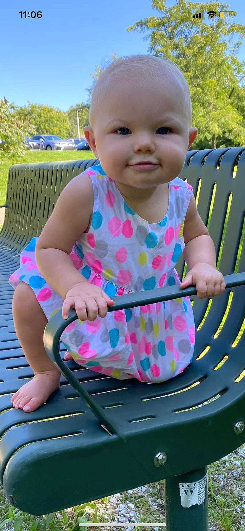 Azalea is registered to the contest to win money with this photo: baby, baby_toddler_clothing, beauty, blue, child, facial_expression, fun, grass, green, happy, joy, leisure, magenta, pattern, person, pink, plant, product, recreation, sitting