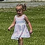 child, girl, dress, grass, dandelions, outdoor, walking, building, wall, summer, nature, greenery, young, person, casual, daytime, footwear, pigtails, field, blur