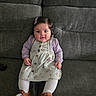 baby, child, toddler, girl, sitting, couch, gray_couch, dress, floral_dress, purple_hair_clip, brown_shoes, white_tights, indoors, portrait, cute, smiling, person, young_child, furniture, home