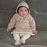 Mia joined the competition — help win amazing prizes! baby, child, infant, knitwear, bonnet, beige, couch, furniture, sitting, cute, indoors, portrait, wide_eyes, plush, warm_clothing, legs, hands, expression, soft_lighting, cozy