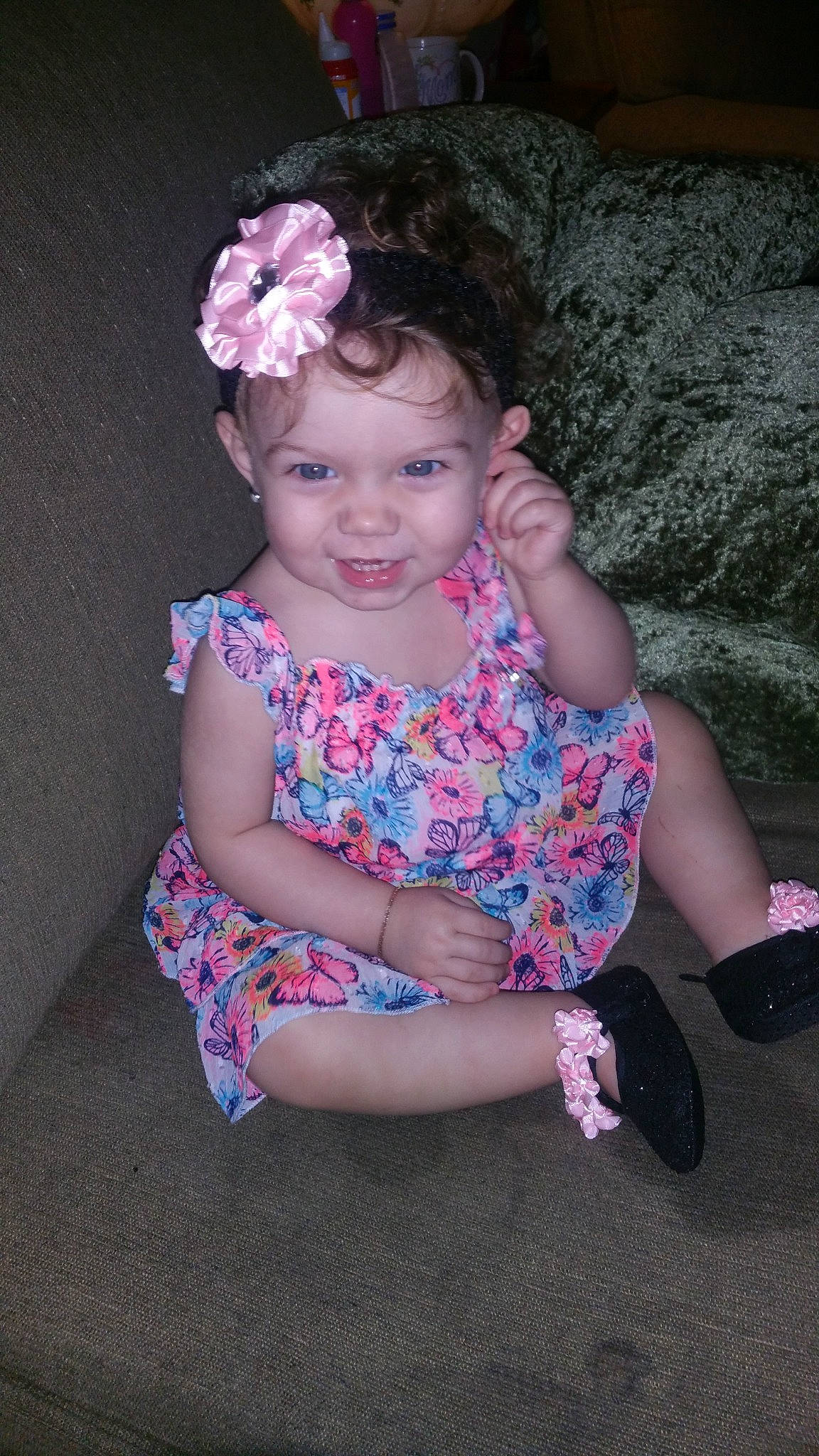 Alissa joined the competition — help win amazing prizes! baby, baby_toddler_clothing, child, child_model, hair_accessory, headband, headgear, person, pink, sitting, smile, toddler