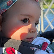 Lyanna participe au concours pour gagner de l'argent avec cette photo : baby, child, closeup, clothing, cute, daylight, expression, eyelashes, face, fashion, headband, infant, nature, outdoor, person, portrait, strawberry, sunlight, toddler, water