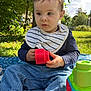 Mylian participe au concours pour gagner de l'argent avec cette photo : toddler, child, outdoor, grass, tree, toy, blue_blanket, striped_bib, jeans, barefoot, sunlight, greenery, playing, sitting, daytime, nature, park, cute, baby, hands