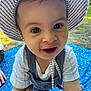 toddler, child, smile, hat, striped_hat, overalls, outdoor, daylight, picnic, blue_blanket, grass, hand, holding_hand, happy, face, eyes, baby, person, clothing, nature