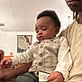 Malano is registered to the contest to win money with this photo: toddler, child, adult, indoor, plaid_vest, white_shirt, curious, seated, lap, hand, face, person, wall_hanging, decor, furniture, casual_clothing, portrait, family, skin_tone, expression