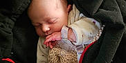 Arwen a rejoint le concours — aidez-le/la à gagner de superbes lots ! newborn, baby, sleeping, pacifier, hand, black_jacket, red_zipper, soft_lighting, face, infant, wrapped, clothing, cozy, peaceful, portrait, indoors, closeup, skin, head, child