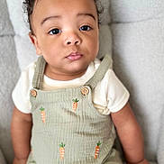 Rogelio is registered to the contest to win money with this photo: baby, child, curly_hair, romper, carrot_pattern, cute, sitting, indoors, portrait, cozy, comfortable, curious, clothing, person, infant, soft_texture, closeup, face, hands, light