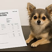 Suzie a rejoint le concours — aidez-le/la à gagner de superbes lots ! dog, chihuahua, puppy, small_dog, invoice, paper, document, table, indoors, portrait, big_eyes, fur, ears, paw, calm, looking_at_camera, close_up, beige_background, studio_lighting, brown